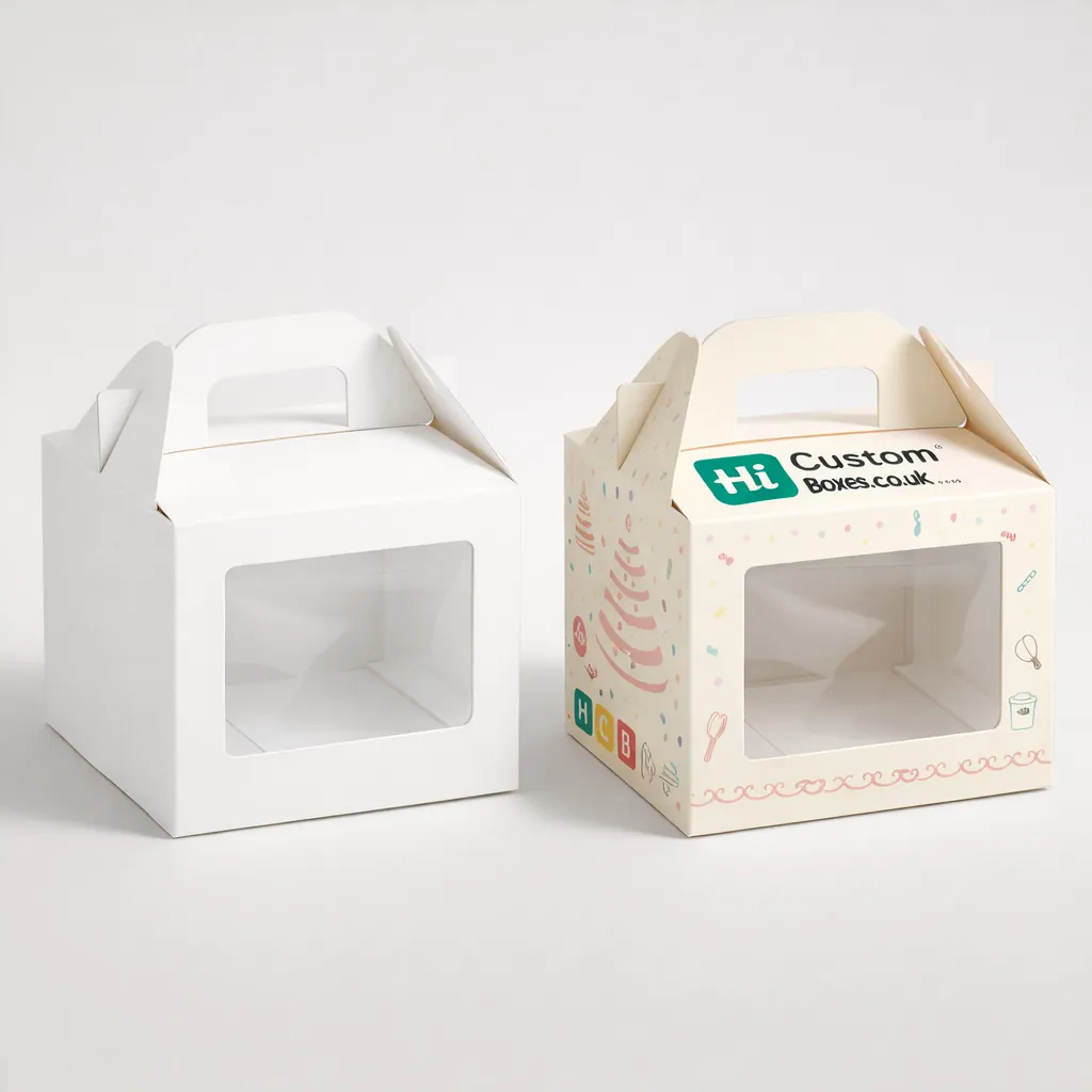 Two white gable boxes with front-facing clear windows and handles, one plain and one illustrated. class=